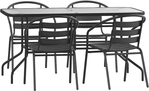 Flash Furniture Lila - Juego de comedor de 5 piezas para patio, mesa de patio de vidrio templado de 55 pulgadas con agujero para paraguas, 4 sillas