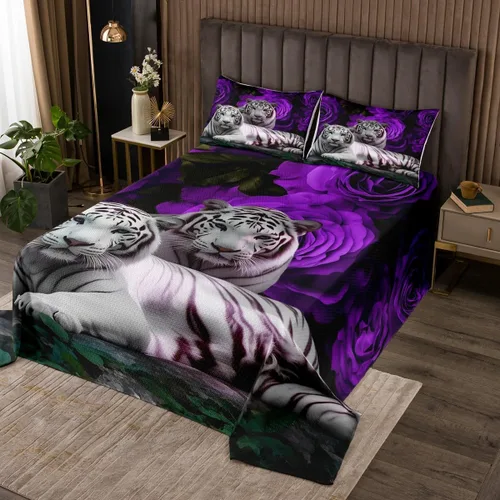 Miniatura 6 de Erosebridal Juego de edredón de león, color turquesa, verde azulado, rosa para mujeres y hombres, juego de colcha de flores de animales salvajes