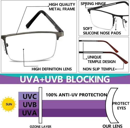 Miniatura 4 de Paquete de 3 gafas de lectura para hombre, bloqueo de luz azul, lectores rectangulares de metal semi sin montura para hombres, antifatiga Negro