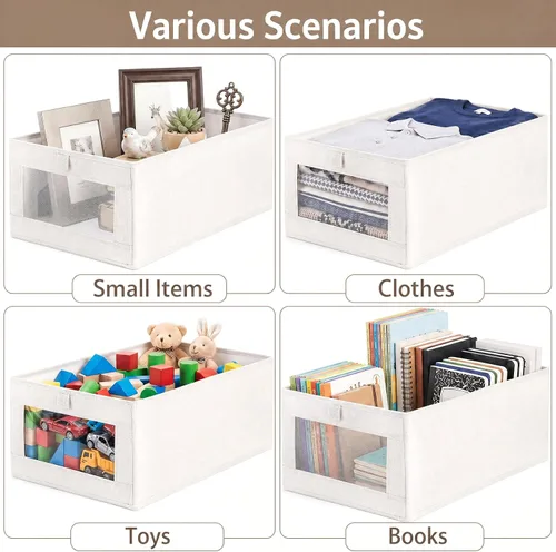 Miniatura 4 de Coloch Paquete de 6 contenedores de almacenamiento de lino con ventana transparente, caja de almacenamiento plegable para armario, organizador