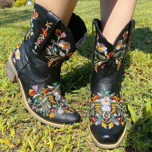 Miniatura 5 de Vimisaoi Botas de tobillo para mujer, estilo retro, puntiagudas, tacón medio, bordadas, vaquera occidental, botas vaqueras