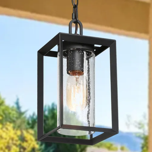 Miniatura 10 de classy leaves Lámpara colgante al aire libre para porche, luz colgante negra con vidrio transparente, moderna jaula de metal de granja, cadena