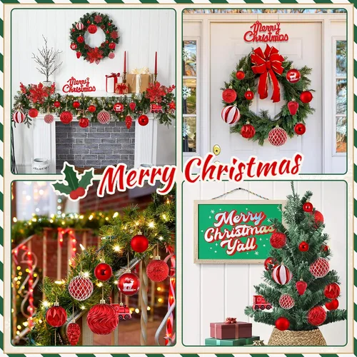 Miniatura 7 de Ktinnead Juego de 94 piezas de decoración para árbol de Navidad, adornos rojos inastillables para colgar en el árbol de Navidad con flores de pascua