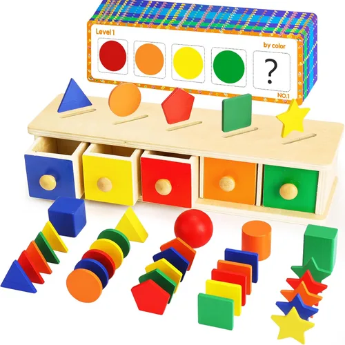 Peacurh Montessori Toys - Juguetes clasificadores de colores y formas de madera para niños pequeños de 1 a 3 años, bloques de clasificación de cajas