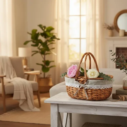 Miniatura 2 de Cesta de picnic de mimbre con tapa y asa, cuerpo tejido resistente con forro lavable, flores pequeñas