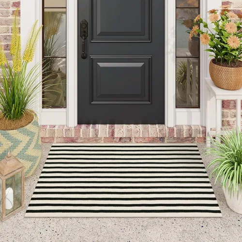 Miniatura 18 de Alfombra de lana cuadriculada para exteriores de 24 x 35 pulgadas, alfombra de algodón tejida a mano, plegable, lavable, reversible, en capas