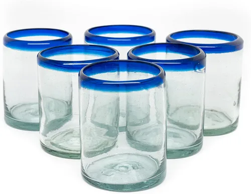 Miniatura 6 de Juego de 6 vasos soplados a mano (10 onzas) de México con borde azul cobalto, cristalería de vidrio de burbujas reciclada, rústica y hecha a mano
