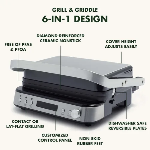 Miniatura 4 de GreenPan Parrilla Eléctrica para Interior de Acero Inoxidable 6 en 1 y Plancha, Antiadherente de Cerámica Saludable, Placas Reversibles Aptas