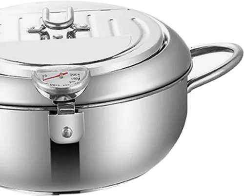 Miniatura 3 de Olla de acero inoxidable, sartén de aceite con termómetro, freidora de fondo plano desmontable de 7.9 in/9.4 in para anillos de calamar perfectos