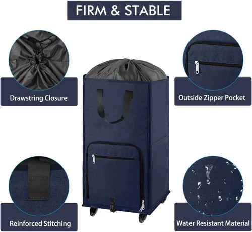 Miniatura 5 de Bukere Cesta de lavandería grande con ruedas, 4 ruedas y 2 asas, bolsa de lavandería con ruedas plegable independiente para ropa, apartamento