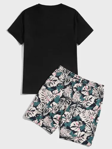 Miniatura 97 de GORGLITTER Conjunto de 2 piezas de camiseta gráfica de manga corta para hombre, estampado hawaiano con cordón y pantalones cortos