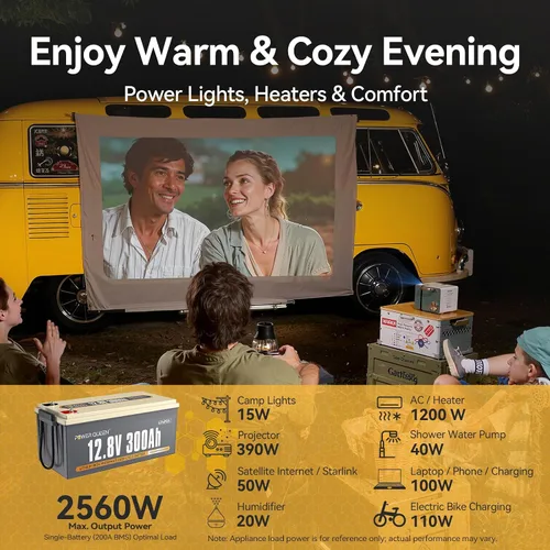 Miniatura 4 de Power Queen Batería LiFePO4 de 12 V 300 Ah, batería de litio de 3840 Wh con salida de potencia de 2560 W, hasta 15000 ciclos profundos, protecciones