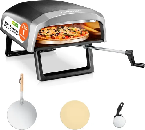 Nutrichef Horno de pizza al aire libre | Cocina pizza de 12 pulgadas en 60 segundos | Piedra de pizza giratoria manual de 360° | Calor ajustable |
