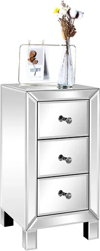 Miniatura 8 de VINGLI Mesita de noche con espejo con 3 cajones, mesa auxiliar plateada con espejo para espacios pequeños, dormitorio, sala de estar