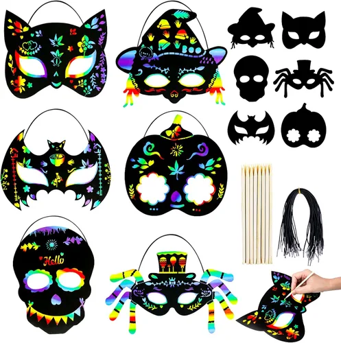 MGparty Juego de 24 máscaras de rascar de Halloween para manualidades, arte de papel mágico para niños, actividades en el aula, recuerdos de fiesta