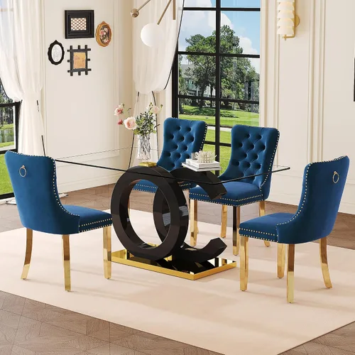 Miniatura 10 de Juego de mesa de comedor de cristal de 63 pulgadas para 6, juego de mesa de comedor moderno para 6, mesa de vidrio templado con patas negras