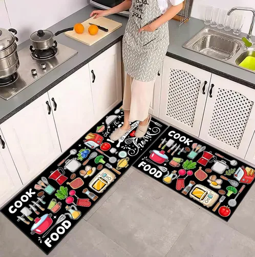 Miniatura 2 de Farmhouse Kitchen Rules Alfombra Juego de 2 Piezas, Decoración Rústica Negra Alfombras de Cocina, Tapetes de Piso Antideslizantes Absorbentes