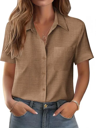 Miniatura 19 de Zeagoo Blusa de manga corta con botones para mujer, con bolsillo en el busto, para negocios, casual, para el trabajo, trajes de verano