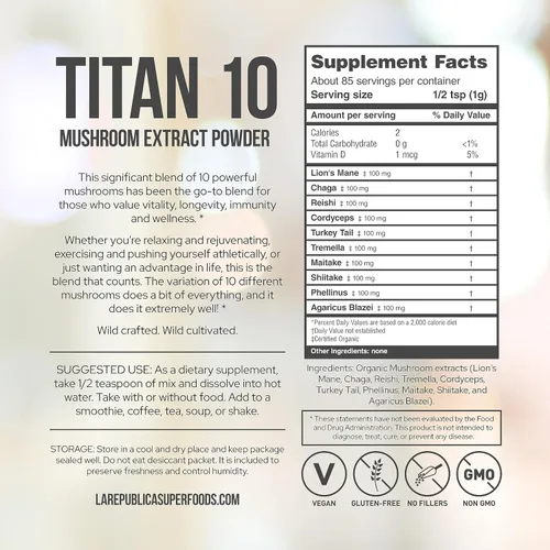 Miniatura 3 de La Republica Titan10 - Polvo orgánico de hongos de 3 onzas para concentración, inmunidad, energía, salud intestinal y piel (85 porciones)