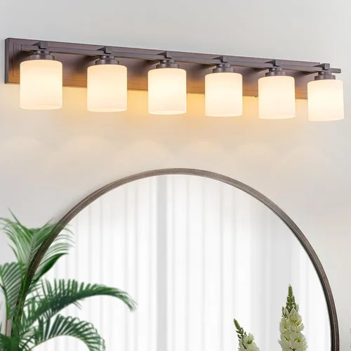 Miniatura 35 de 1 Luminaria Moderna de Baño sobre Espejo, Luces de Tocador Negro Dorado para Apliques de Pared de Baño con Pantallas de Vidrio Blanco Lechoso