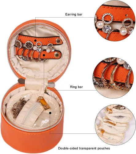 Miniatura 4 de Angelina's Palace Estuche organizador de joyas redondo, bolsa de viaje, regalos de dama de honor, caja de cuero vegano para collar, aretes, pulsera
