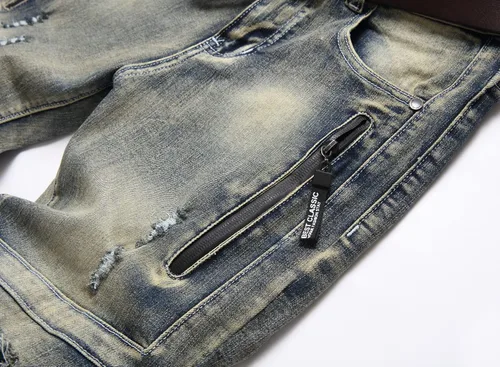 Miniatura 5 de XIMXIMMTIAN Jeans rectos de motociclista para hombre, desgastados, desgastados, ajustados, rectos