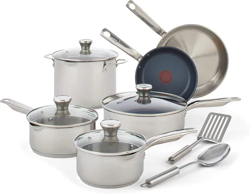 T-fal Juego de utensilios de cocina de acero inoxidable platino con antiadherentes, 12 piezas para horno de inducción, apto para horno de inducción,