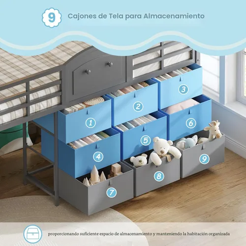 Miniatura 4 de VIAGDO Cama baja tipo loft de tamaño individual con 9 cajones de almacenamiento y luces LED, cama tipo loft de metal individual con almacenamiento
