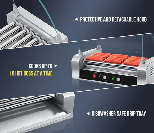 Miniatura 2 de SYBO Rodillo para Perros Calientes - Capacidad de 18, Rodillos de Acero Inoxidable Antiadherentes, Cubierta de Vidrio Desmontable, 1000 Vatios