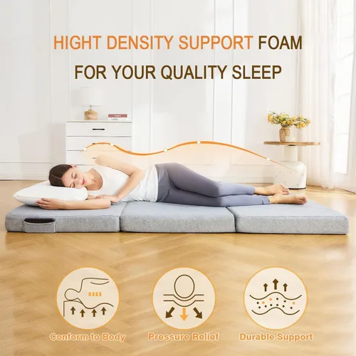 Miniatura 2 de Colchón triple tamaño matrimonial, de espuma viscoelástica plegable de 4 pulgadas, cama de invitados portátil con extraíble y lavable con asas