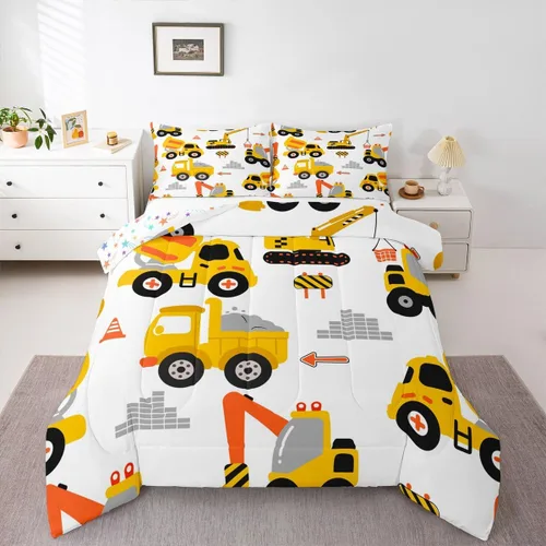 Miniatura 3 de Feelyou Juego de edredón de coche de dibujos animados para niños, edredón de construcción para niños, juego de ropa de cama de camiones y equipos