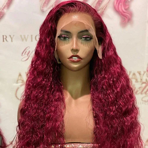 Miniatura 2 de Pelucas de encaje frontal rizadas color rojo para mujeres de raza negra, pelucas de encaje color borgoña, peluca roja oscura larga con ondas