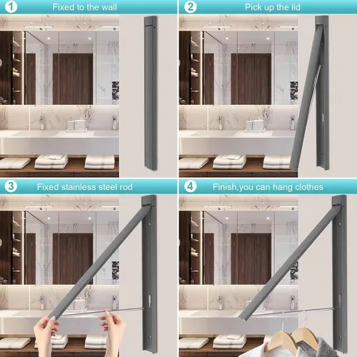 Miniatura 5 de Tendedero de pared para cuarto de lavado, sin taladro, plegable, estante de pared de aluminio de capacidad de 65 libras para apartamento, baño, casa