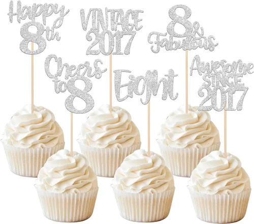 Miniatura 10 de Rsstarxi Paquete de 24 adornos para cupcakes vintage 2019 con purpurina negra para 5º cumpleaños, saludos a 5, cinco, 5, 5 fabulosos para cupcakes