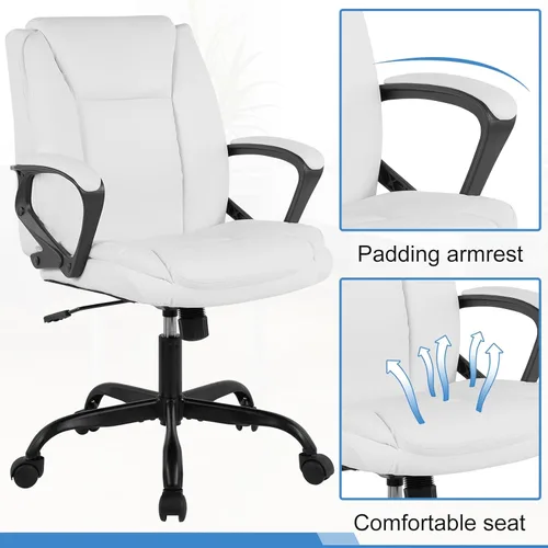 Miniatura 7 de Silla ergonómica de piel sintética con respaldo medio y soporte lumbar, reposabrazos, giratorio giratorio, ajustable para adultos (blanco)
