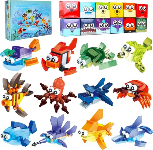 Miniatura 7 de Recuerdos de fiesta para niños, 12 piezas de minibloques de construcción animales del océano, juegos de construcción de juguetes de tronco