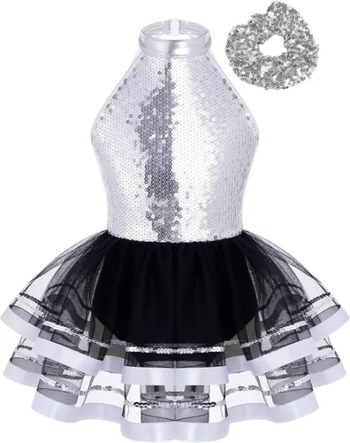 Miniatura 98 de CHICTRY Vestido tutú de ballet con lentejuelas brillantes para niñas y niñas, moderno disfraz de baile latino de jazz