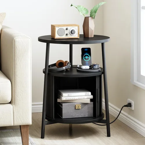 Miniatura 3 de ONBRILL Mesa auxiliar redonda con almacenamiento, mesita de noche acanalada con estación de carga, pequeñas mesas de noche modernas de mediados