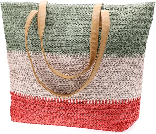 Miniatura 22 de Bolso grande de paja para mujer, tejido de ratán, bolso de playa de verano, a rayas