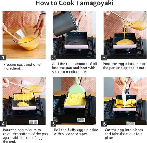 Miniatura 3 de Sartén de tortilla japonesa,Sartén antiadherente para huevos Tamagoyaki,Sartén rectangular pequeña con tapa,Espátula de silicona y cepillo