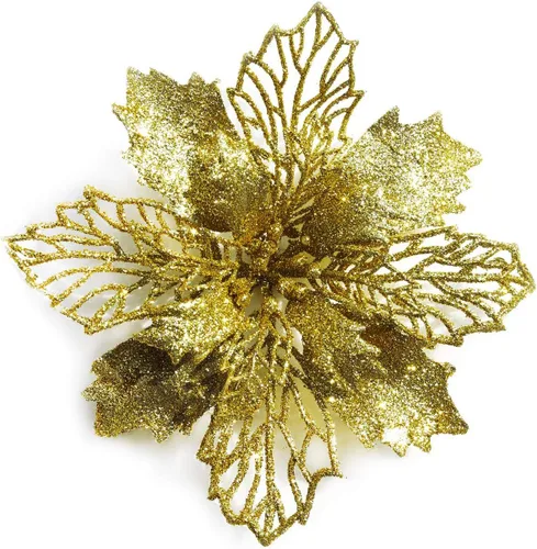 Miniatura 17 de Paquete de 12 flores de Pascua artificiales con purpurina para corona de Navidad, adornos de flores para árbol de Navidad, 6'' (16cm) de diámetro