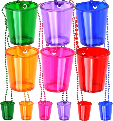 Iconikal Paquete de 12 vasos de chupito en collar de cuentas, colores surtidos, plástico duradero de 2 onzas, vasos de chupito, portón trasero y más
