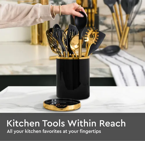 Miniatura 5 de STYLED SETTINGS Soporte para utensilios de cocina negro y dorado con soporte de cuchara integrado, 2 soportes grandes de cerámica para utensilios