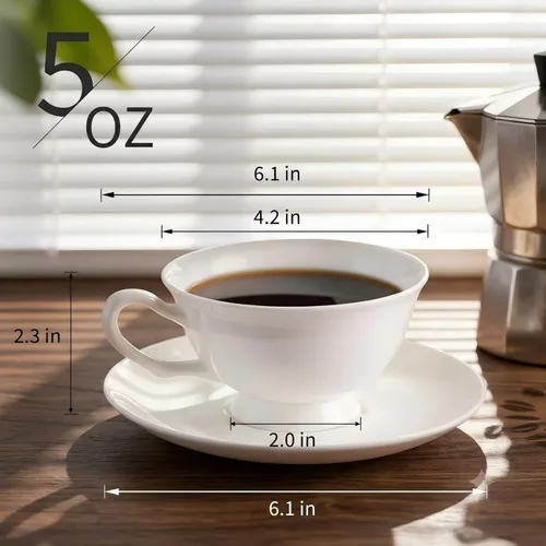 Miniatura 3 de Juego de 2 tazas y platillos de espresso de porcelana fina, juego de tazas de té blanco clásico de 5 onzas para café, capuchino, café con leche, té