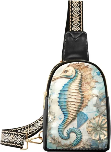 Sling Backpack Seahorse Vintage Sling Bag for Women Crossbody Shoulder Bag Leather Fanny Pack Chest Bag for Travel Hiking 202A1796