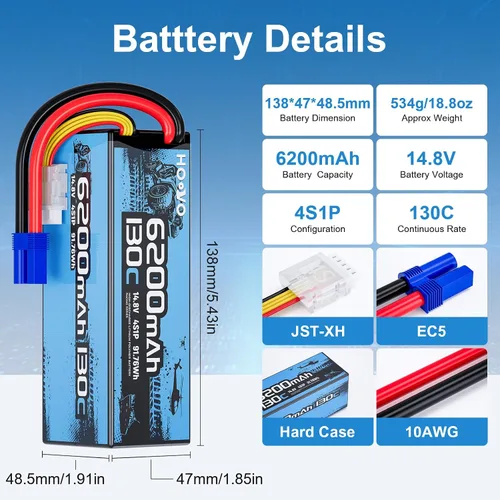 Miniatura 2 de HOOVO Batería Lipo 4S, 14.8 V, 6200 mAh, 130C, carcasa rígida para automóvil RC con enchufe EC5, compatible con escala 1/8 y 1/10 RC Vechile, Arrma