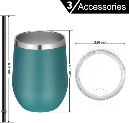 Miniatura 6 de Vaso de vino VEGOND de 12 oz hecho de acero inoxidable, térmico con tapa y pajita, vaso de vino con aislamiento al vacío y doble pared, sin tallo