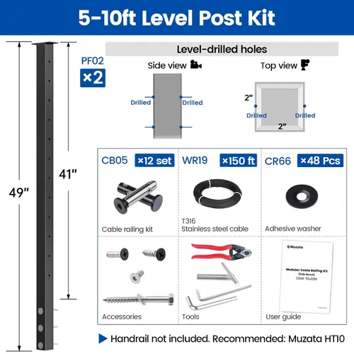 Miniatura 2 de Muzata Kit de barandilla de cable modular negro de 5 a 10 pies de 42 pulgadas, kit de poste de 2 niveles de 42 pulgadas, sistema completo