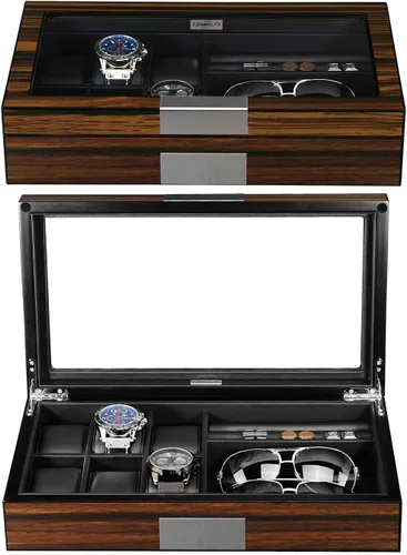 Miniatura 4 de Lifomenz Co Caja de joyería de reloj para hombre con 6 ranuras, 6 fundas de reloj, 8 pares de gemelos y lentes de sol, organizador grande de madera