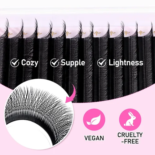 Miniatura 2 de Arison Lashes Extensión de pestañas en forma de W 5D, abanicos prefabricados de volumen suave natural, abanicos de imitación de visón negro mate, 12